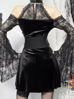 Halloween Women's Gothic Clothing Black Lace Ruffles Gothic Polyester Tunic Retro Costumes
