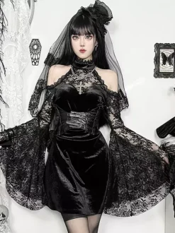Halloween Women's Gothic Clothing Black Lace Ruffles Gothic Polyester Tunic Retro Costumes