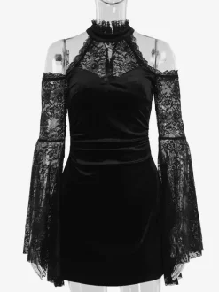 Halloween Women's Gothic Clothing Black Lace Ruffles Gothic Polyester Tunic Retro Costumes