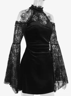 Halloween Women's Gothic Clothing Black Lace Ruffles Gothic Polyester Tunic Retro Costumes