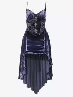Halloween Women's Gothic Dress Purple Lace Gothic Velour Tunic High Low Hemlibe Dress