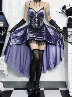 Halloween Women's Gothic Dress Purple Lace Gothic Velour Tunic High Low Hemlibe Dress
