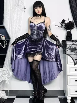 Halloween Women's Gothic Dress Purple Lace Gothic Velour Tunic High Low Hemlibe Dress