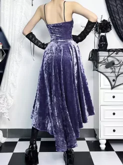 Halloween Women's Gothic Dress Purple Lace Gothic Velour Tunic High Low Hemlibe Dress