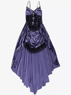Halloween Women's Gothic Dress Purple Lace Gothic Velour Tunic High Low Hemlibe Dress