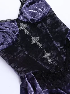 Halloween Women's Gothic Dress Purple Lace Gothic Velour Tunic High Low Hemlibe Dress