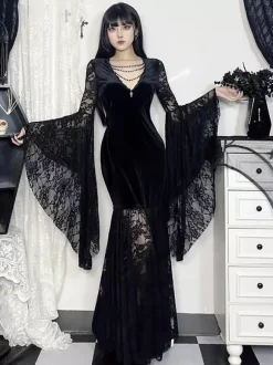Halloween Women's Gothic Dress Black Chains Lace Gothic Velour Tunic Long Dress