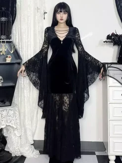 Halloween Women's Gothic Dress Black Chains Lace Gothic Velour Tunic Long Dress