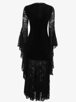 Halloween Women's Gothic Dress Black Chains Lace Gothic Velour Tunic Long Dress