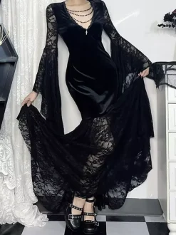 Halloween Women's Gothic Dress Black Chains Lace Gothic Velour Tunic Long Dress