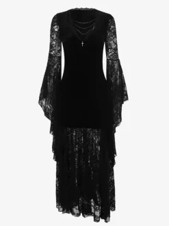 Halloween Women's Gothic Dress Black Chains Lace Gothic Velour Tunic Long Dress