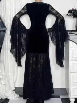 Halloween Women's Gothic Dress Black Chains Lace Gothic Velour Tunic Long Dress