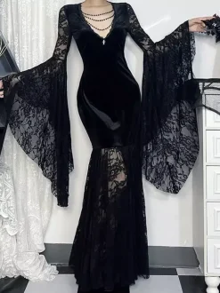 Halloween Women's Gothic Dress Black Chains Lace Gothic Velour Tunic Long Dress