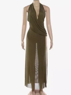 Halter Deep V Neck Maxi Dress For Women - Olive Green Glitter High Slit Backless Sheer Gown - Summer Night Out Club Party 2026