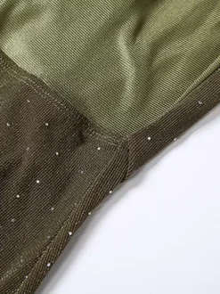 Halter Deep V Neck Maxi Dress For Women - Olive Green Glitter High Slit Backless Sheer Gown - Summer Night Out Club Party 2026
