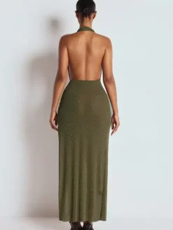 Halter Deep V Neck Maxi Dress For Women - Olive Green Glitter High Slit Backless Sheer Gown - Summer Night Out Club Party 2026