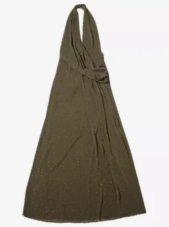 Halter Deep V Neck Maxi Dress For Women - Olive Green Glitter High Slit Backless Sheer Gown - Summer Night Out Club Party 2026