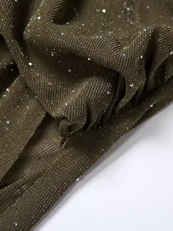 Halter Deep V Neck Maxi Dress For Women - Olive Green Glitter High Slit Backless Sheer Gown - Summer Night Out Club Party 2026
