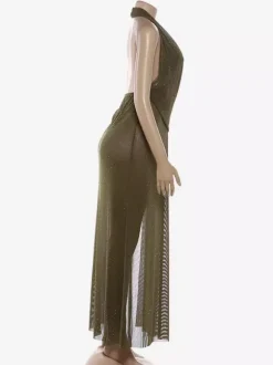 Halter Deep V Neck Maxi Dress For Women - Olive Green Glitter High Slit Backless Sheer Gown - Summer Night Out Club Party 2026