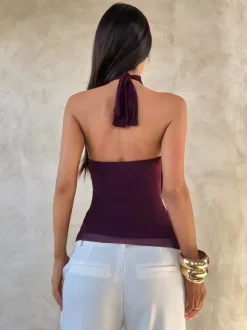 Halter Gold Buckle Ruffle Sheer Mesh Tie Back Cami Top
