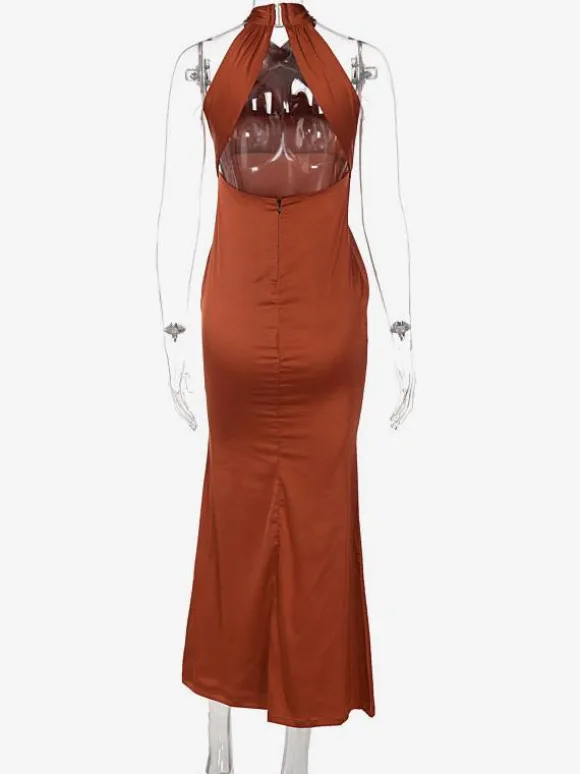 Halter Maxi Dress Sleeveless Sexy Stretch Pleated Floor Length Prom Dress