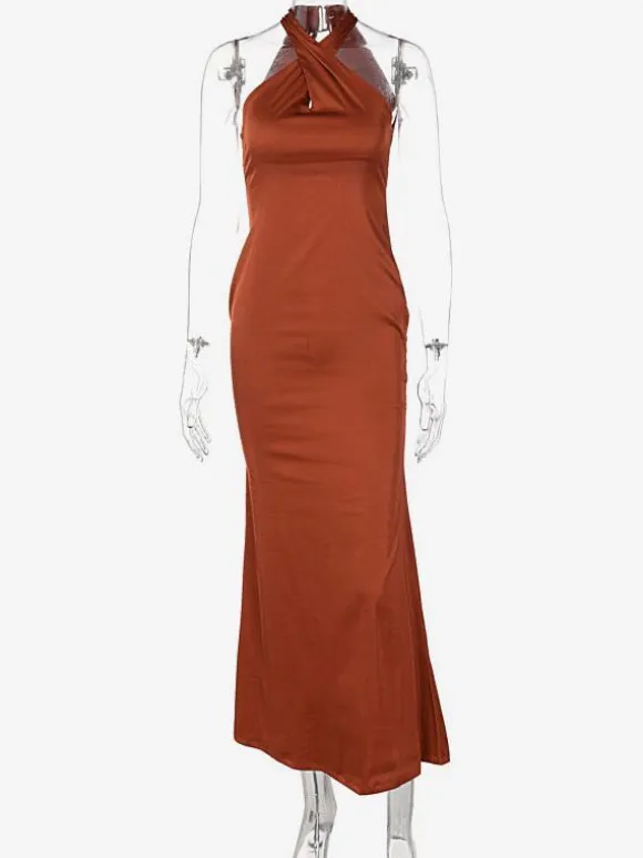 Halter Maxi Dress Sleeveless Sexy Stretch Pleated Floor Length Prom Dress