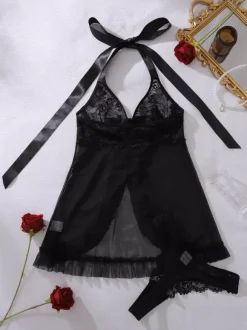 Halter Neck Big Bow Sheer Lace Ruffle Babydoll Nightwear Set