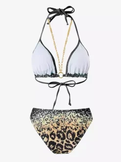 Halter Neck Bikini And Leopard Print Beach Cover Up 3 Piece Swimwear Set 2026