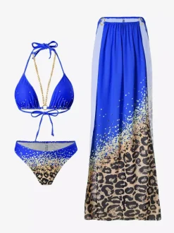Halter Neck Bikini And Leopard Print Beach Cover Up 3 Piece Swimwear Set 2026