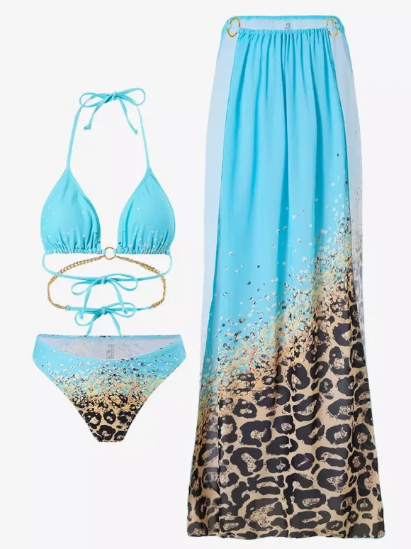 Halter Neck Bikini And Leopard Print Beach Cover Up 3 Piece Swimwear Set 2026
