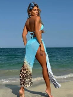 Halter Neck Bikini And Leopard Print Beach Cover Up 3 Piece Swimwear Set 2026