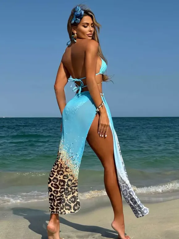 Halter Neck Bikini And Leopard Print Beach Cover Up 3 Piece Swimwear Set 2026