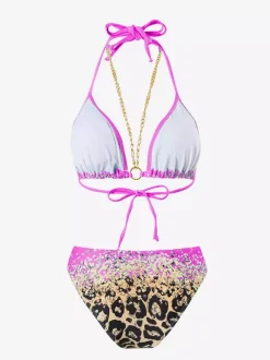 Halter Neck Bikini And Leopard Print Beach Cover Up 3 Piece Swimwear Set 2026
