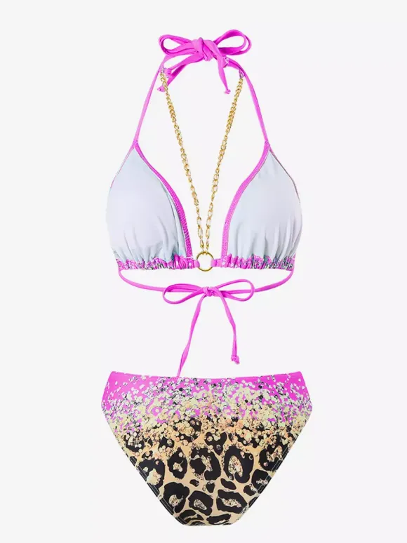 Halter Neck Bikini And Leopard Print Beach Cover Up 3 Piece Swimwear Set 2026
