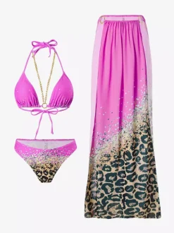 Halter Neck Bikini And Leopard Print Beach Cover Up 3 Piece Swimwear Set 2026