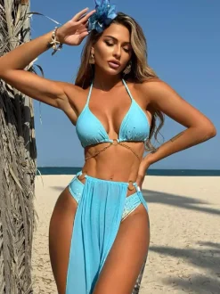 Halter Neck Bikini And Leopard Print Beach Cover Up 3 Piece Swimwear Set 2026