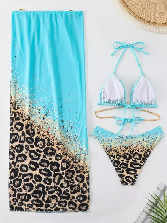 Halter Neck Bikini And Leopard Print Beach Cover Up 3 Piece Swimwear Set 2026