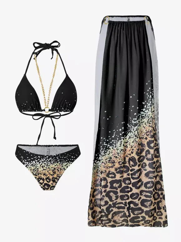 Halter Neck Bikini And Leopard Print Beach Cover Up 3 Piece Swimwear Set 2026