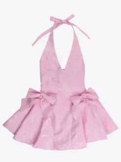 Halter Neck Jacquard Mini Dress For Women - Backless A-line Skater Dress With Big Bows - Summer Birthday Party 2026