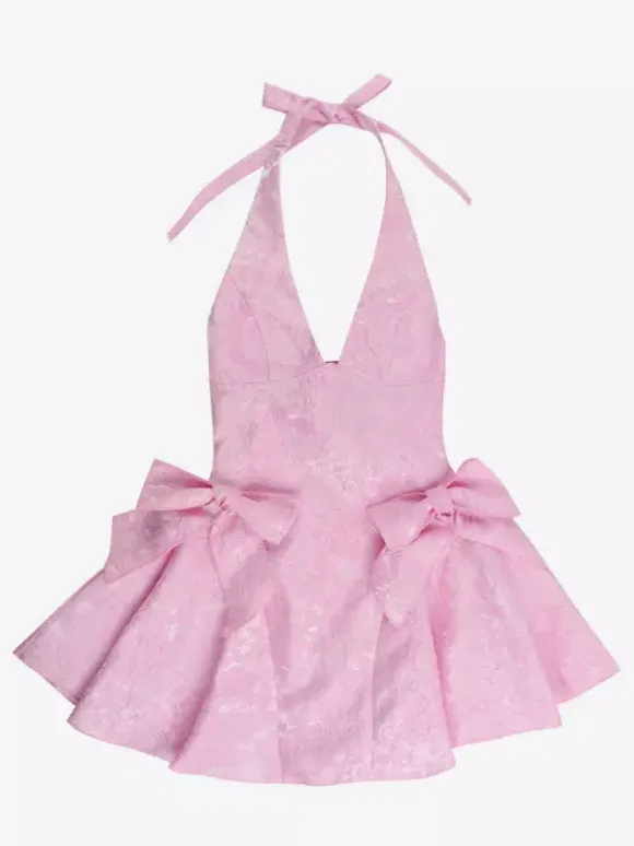 Halter Neck Jacquard Mini Dress For Women - Backless A-line Skater Dress With Big Bows - Summer Birthday Party 2026