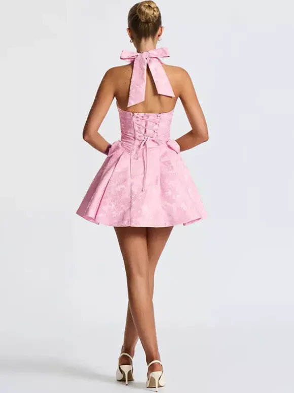 Halter Neck Jacquard Mini Dress For Women - Backless A-line Skater Dress With Big Bows - Summer Birthday Party 2026