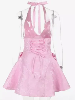 Halter Neck Jacquard Mini Dress For Women - Backless A-line Skater Dress With Big Bows - Summer Birthday Party 2026