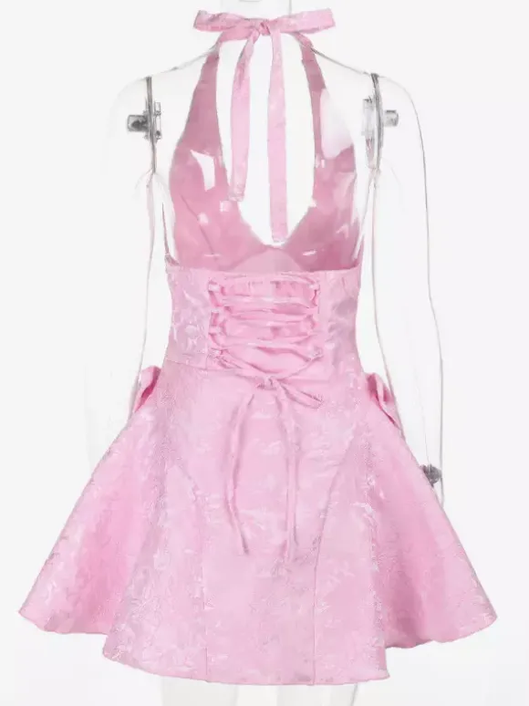 Halter Neck Jacquard Mini Dress For Women - Backless A-line Skater Dress With Big Bows - Summer Birthday Party 2026