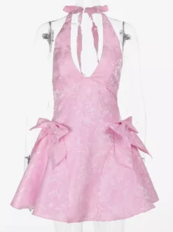 Halter Neck Jacquard Mini Dress For Women - Backless A-line Skater Dress With Big Bows - Summer Birthday Party 2026