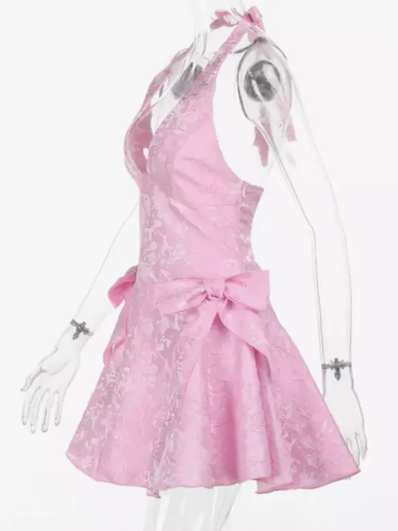 Halter Neck Jacquard Mini Dress For Women - Backless A-line Skater Dress With Big Bows - Summer Birthday Party 2026