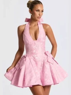 Halter Neck Jacquard Mini Dress For Women - Backless A-line Skater Dress With Big Bows - Summer Birthday Party 2026