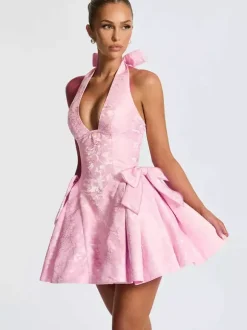 Halter Neck Jacquard Mini Dress For Women - Backless A-line Skater Dress With Big Bows - Summer Birthday Party 2026