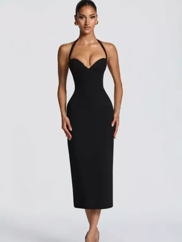 Halter Neck Lace Up Back Bodycon Midi Dress For Women 2026