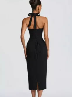 Halter Neck Lace Up Back Bodycon Midi Dress For Women 2026