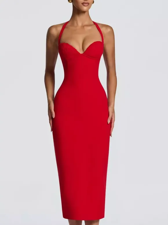 Halter Neck Lace Up Back Bodycon Midi Dress For Women 2026